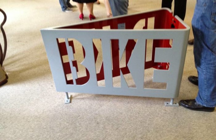 Artistic Bike Rack in Raleigh spells out the word "BIKE."