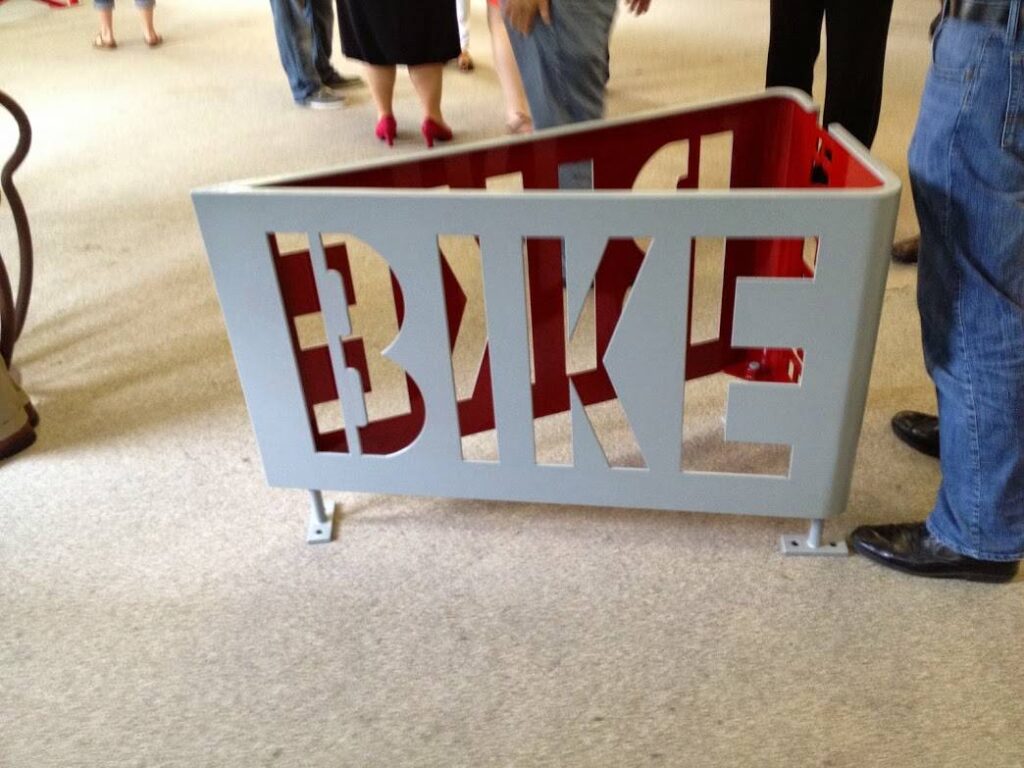 Artistic Bike Rack in Raleigh spells out the word "BIKE."